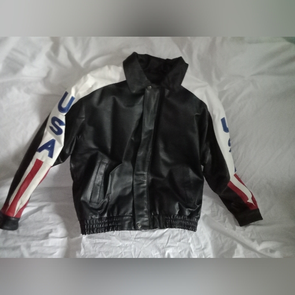 Vintage Oscar Piel Perfect Leather USA Flag Stars Stripes Jacket Size Medium Y2K - Picture 6 of 9